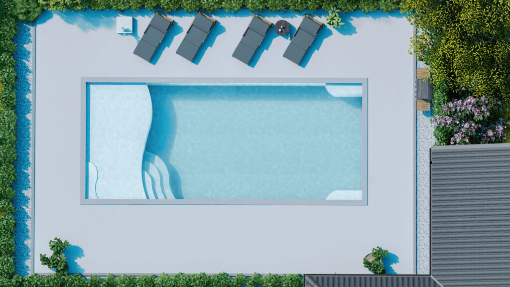 A top-down aerial view of a rectangular backyard swimming pool with a sun shelf and steps, surrounded by a light-colored concrete patio, four lounge chairs, a small side table, and lush green landscaping.