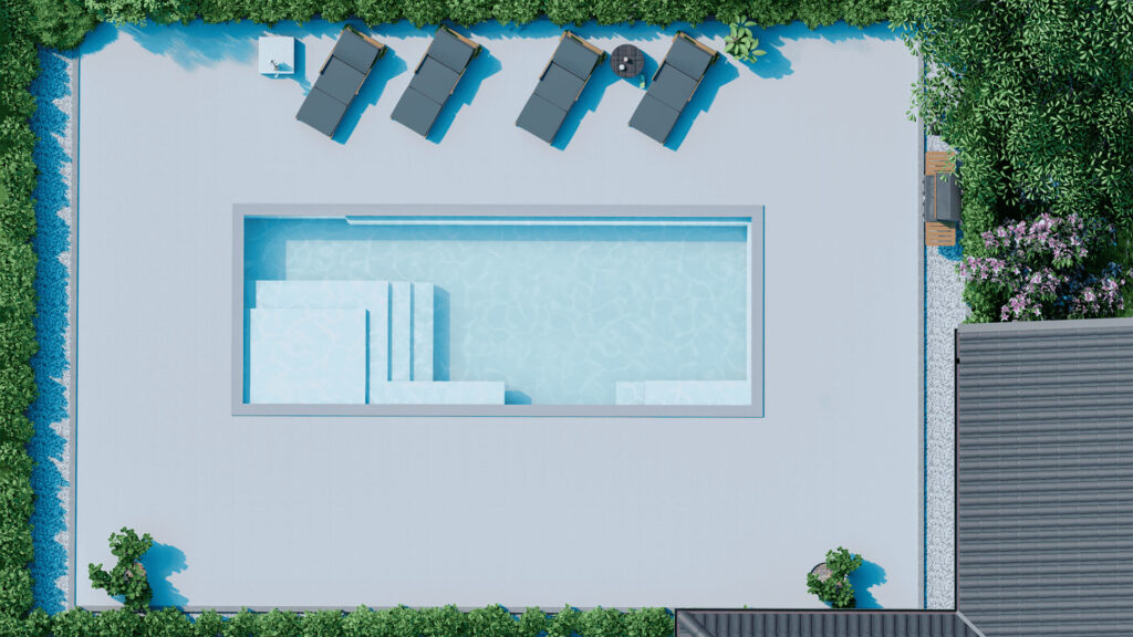 A top-down aerial view of a rectangular swimming pool with built-in steps, surrounded by a light-colored patio, four lounge chairs, a small side table, and lush green landscaping.