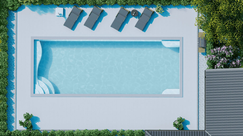 Top-down aerial view of a rectangular swimming pool surrounded by a light-colored patio, four lounge chairs, a small side table, and lush green landscaping.