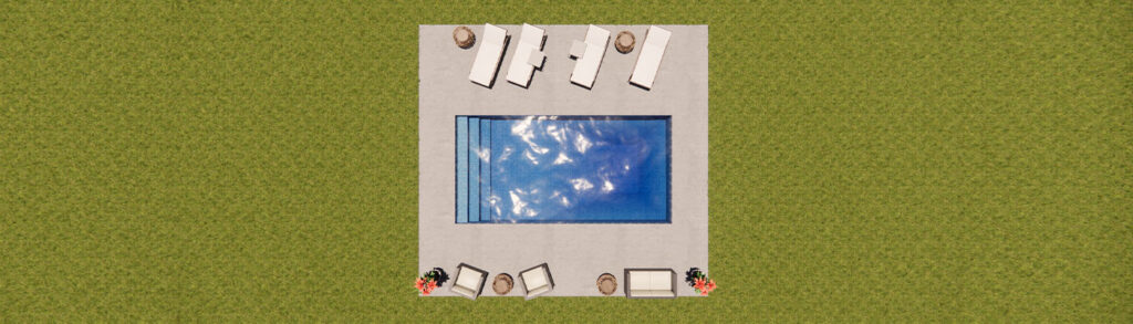 Top-down aerial view of a rectangular swimming pool surrounded by a stone patio, featuring four lounge chairs on one side and a seating area with two chairs and a loveseat on the other, set in a grassy yard.